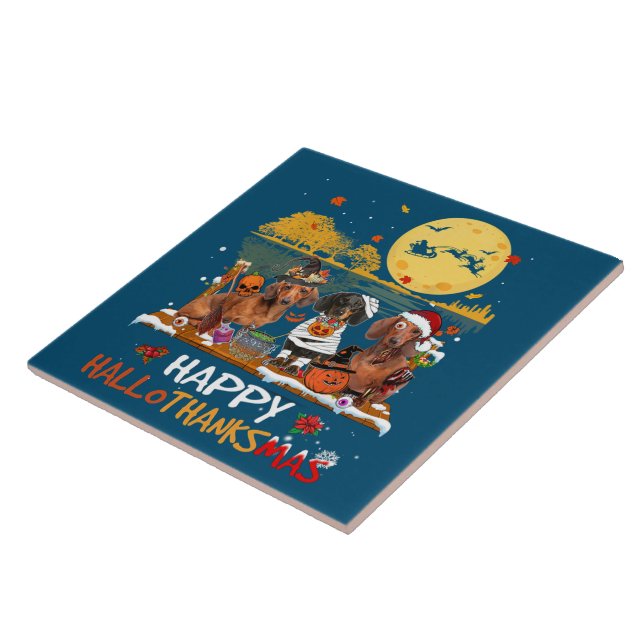 Azulejo De Cerâmica Dachshund Happy Hallothanksmas Halloween Graças (Lateral)