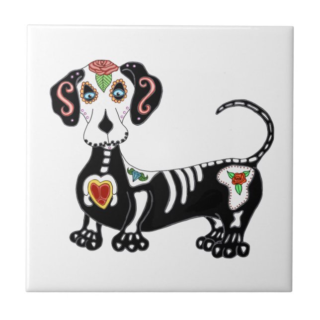 Azulejo De Cerâmica Dachshund Sugar Skull (Frente)