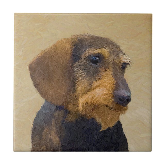 Azulejo De Cerâmica Dachshund (Wirehaired) Pintura Original para Cacho (Frente)