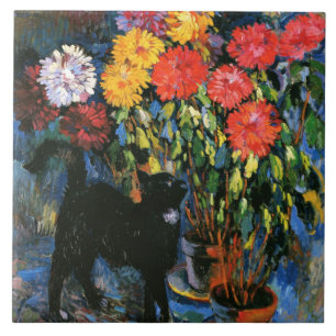 Azulejo De Cerâmica Dahlias e Black Cat, pintura de arte,