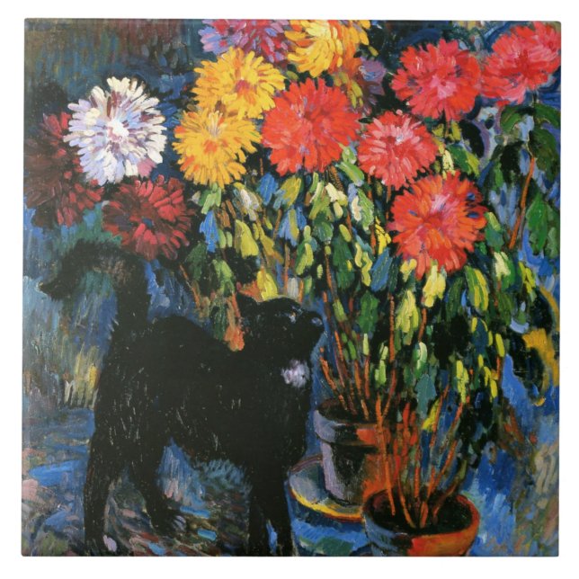 Azulejo De Cerâmica Dahlias e Black Cat, pintura de arte, (Frente)