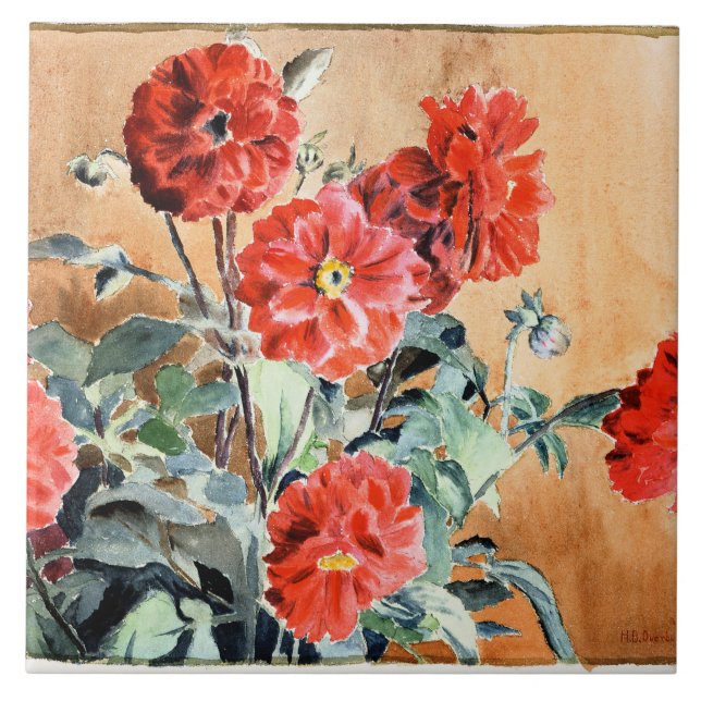 Azulejo De Cerâmica Dahlias, pintura aquosa de Hannah Overbeck, (Frente)