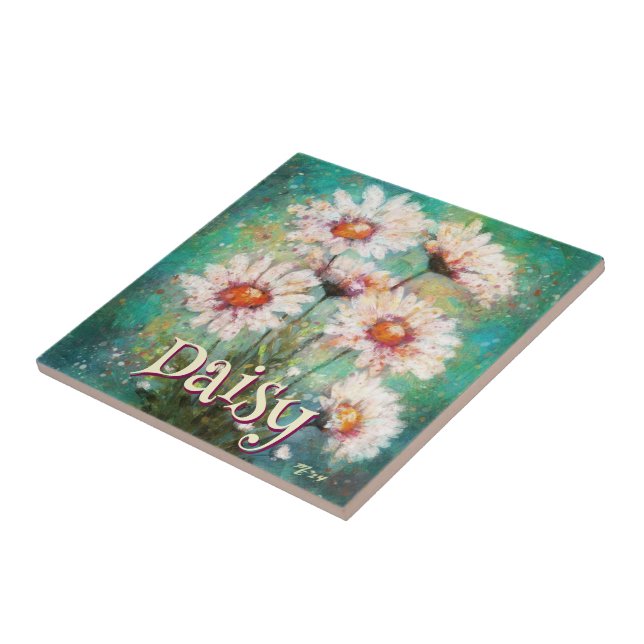 Azulejo De Cerâmica Daisies Impressionistic Floral Teal Personalized (Lateral)