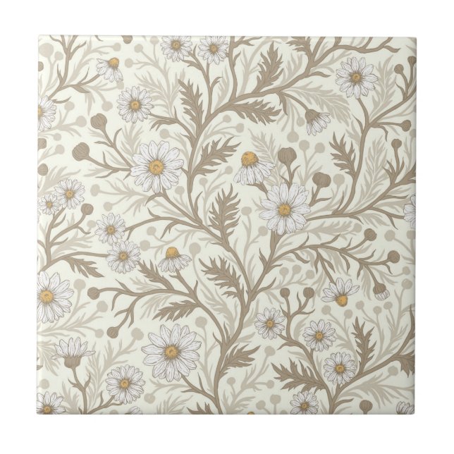 Azulejo De Cerâmica Daisies in white and brown on off white (Frente)