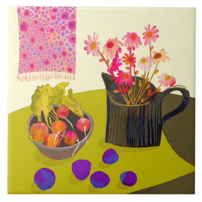 Azulejo De Cerâmica Daisy e Radish Kitchen Trivet (Frente)