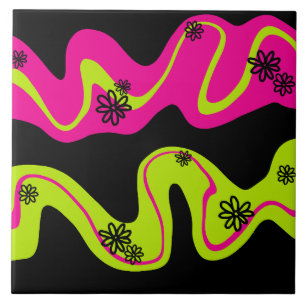 Azulejo De Cerâmica Daisy Groove em Verde limão, rosa quente e preto