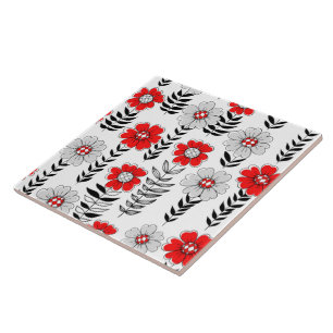 Azulejo De Cerâmica Daisy rabiscos em vermelho e preto