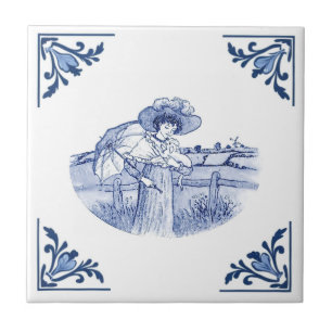Azulejo De Cerâmica Dama Antiga e Cachorro Delft Azul e Branco no Cant