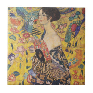 Azulejo De Cerâmica Dama Art Nouveau Vintage com pintura de leque