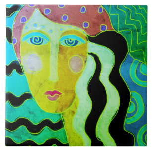 Azulejo De Cerâmica Dama Cigana Retrato Digital Abstrato de uma Mulher