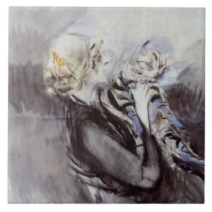 Azulejo De Cerâmica Dama com um Gato Cinzento (por Giovanni Boldini)