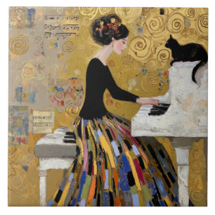 Azulejo De Cerâmica Dama do Piano Klimt Dourado com Gato Preto
