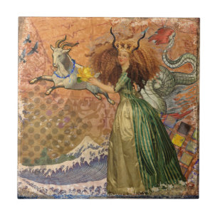 Azulejo De Cerâmica Dama do Renascimento Capricórnio Fantasia Vintage