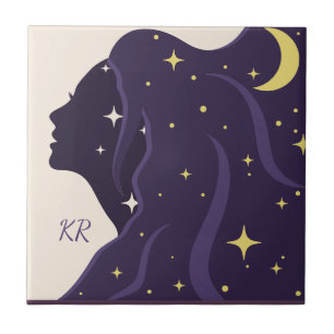 Azulejo De Cerâmica Dama do Universo Cósmico Roxo Estrelas Douradas Pe