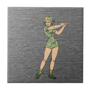 Azulejo De Cerâmica Dama Golfista de Quadrinhos Retrô