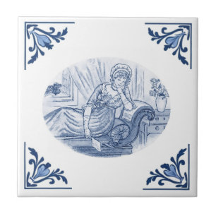 Azulejo De Cerâmica Dama Sonhadora Vintage Delft Canto Azul e Branco