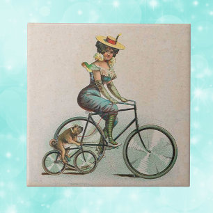 Azulejo De Cerâmica Dama Vitoriana Antiga Bicicleta de Cachorro