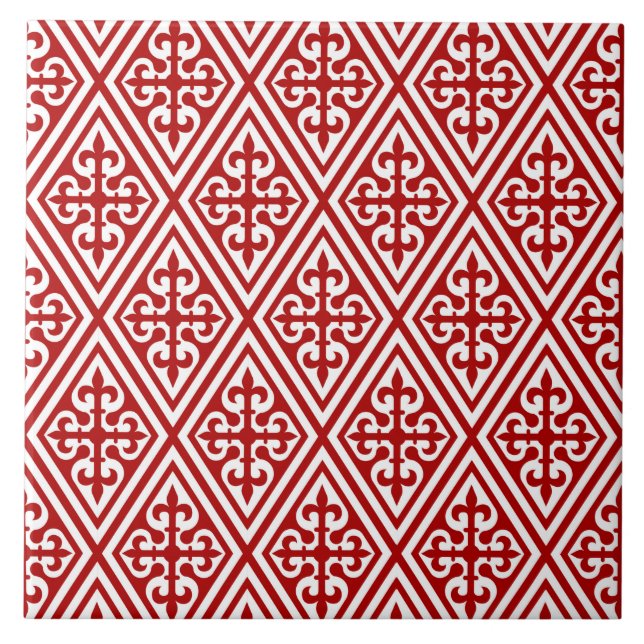 Azulejo De Cerâmica Damáscara Cruzada Medieval - Vermelho Profundo e B (Frente)