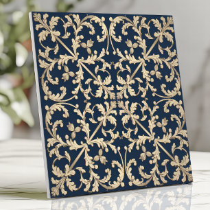 Azulejo De Cerâmica Damasco Antigo com Folhas em Azul Naval e Dourado