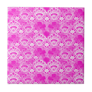 Azulejo De Cerâmica Damasco branco fúcsia feminino do laço do rosa