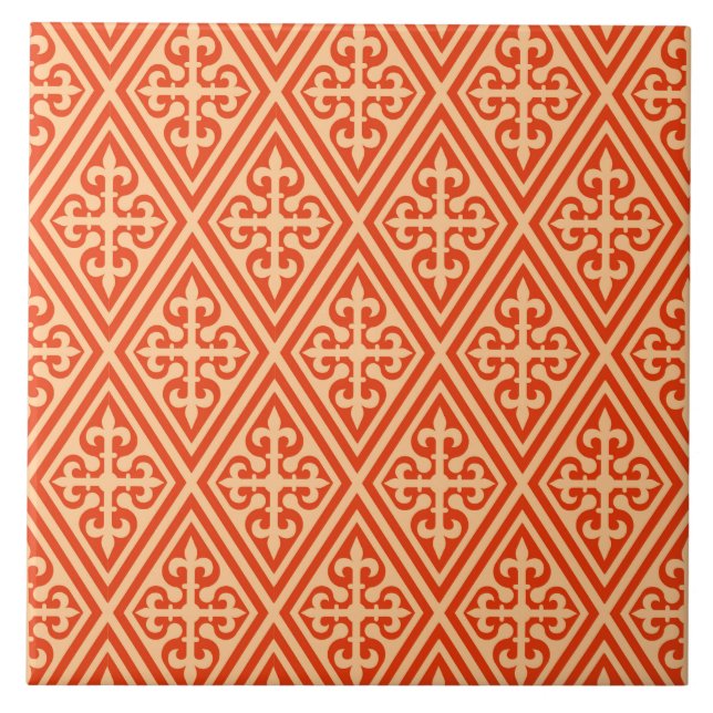 Azulejo De Cerâmica Damasco Cruzado Medieval - Laranja Coral e Peach (Frente)