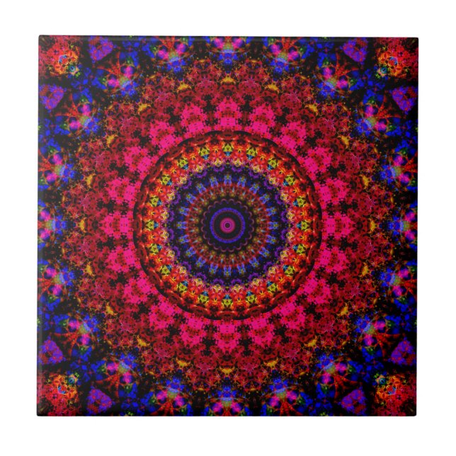 Azulejo De Cerâmica Damasco, de cor rosa e azul, mandala caleidoscópio (Frente)