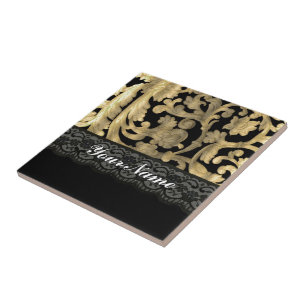 Azulejo De Cerâmica Damasco de rendas preto e ouro
