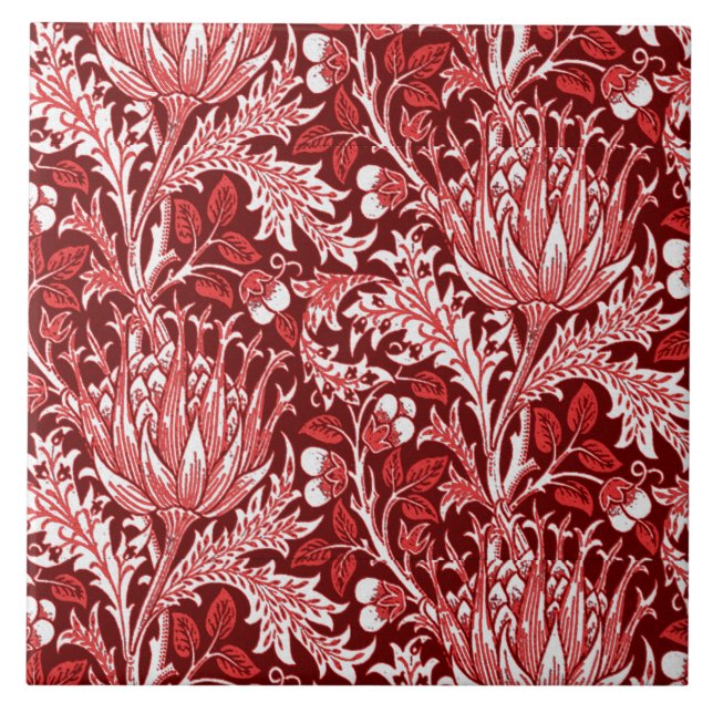 Azulejo De Cerâmica Damasco de William Morris, obscuridade - vermelho (Frente)