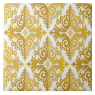 Azulejo De Cerâmica Damasco Dourado e branco do papel de parede