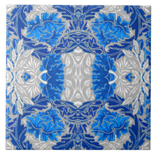 Azulejo De Cerâmica Damasco Floral, Azul Sapphire e Cinzas