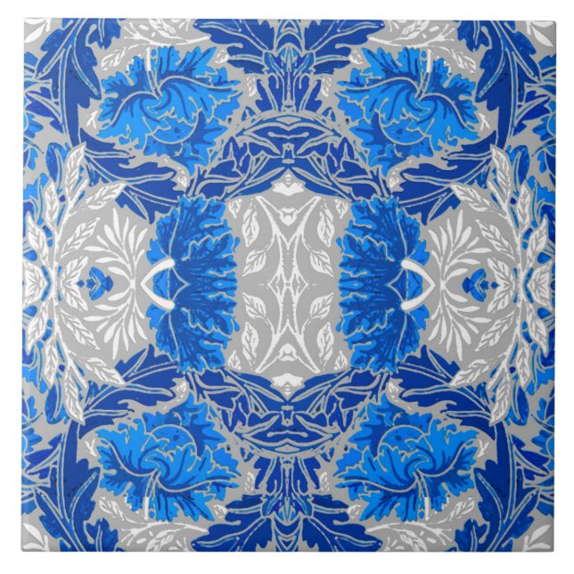 Azulejo De Cerâmica Damasco Floral, Azul Sapphire e Cinzas (Frente)