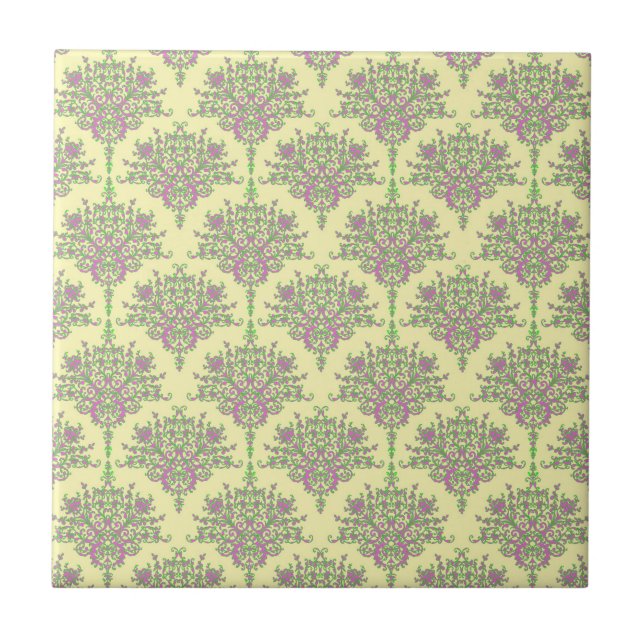 Azulejo De Cerâmica Damasco Floral Bonito em Verde Rosa e Amarelo Páli (Frente)