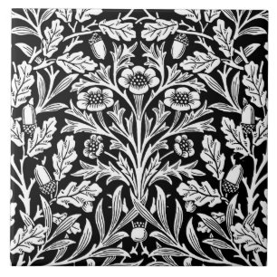 Azulejo De Cerâmica Damasco floral de Nouveau da arte, preto e branco