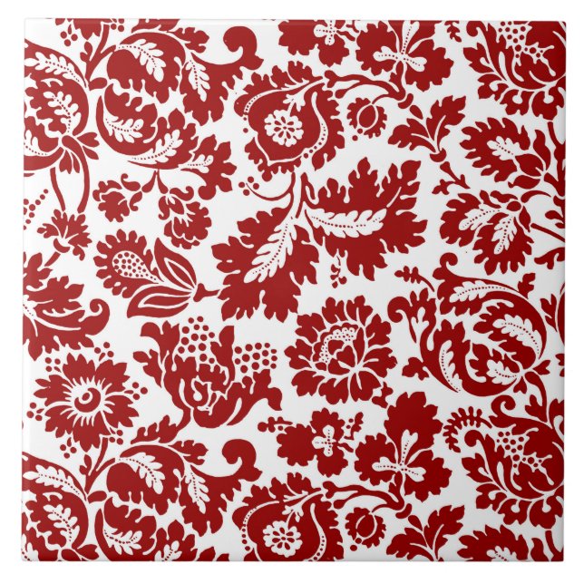 Azulejo De Cerâmica Damasco floral de William Morris, vermelho escuro (Frente)