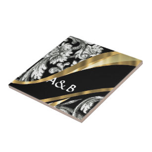 Azulejo De Cerâmica Damasco floral preto e branco