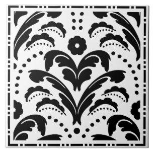 Azulejo De Cerâmica Damasco floral preto e branco elegante do art deco