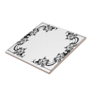 AZULEJO DE CERÂMICA DAMASCO PRETO E BRANCO FLORAL DO VINTAGE