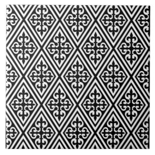 Azulejo De Cerâmica Damasco transversal medieval - preto e branco
