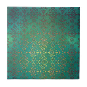 Azulejo De Cerâmica Damasco Verde e Dourado Rebuscado