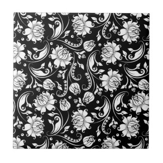 Azulejo De Cerâmica Damascos Florais de Vintagem Branca e Preta