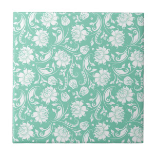 Azulejo De Cerâmica Damascos Florais Vintage Branco e Verde