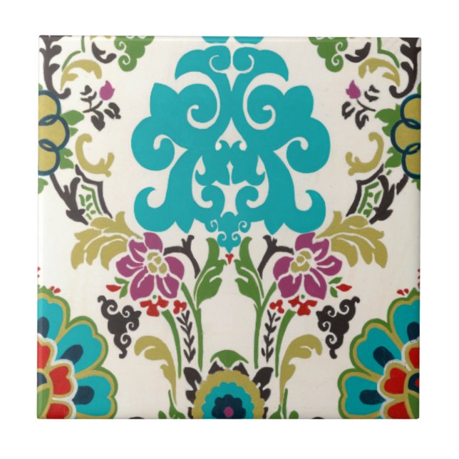 Azulejo De Cerâmica Damask Floral Patternos Plum Turquoise (Frente)