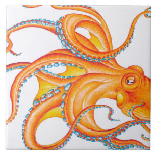 Azulejo De Cerâmica Dança de Arte Tinta Octopus Vermelho Laranja