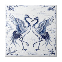 Dança de Grou Estilo Imari Japonês Azul e Branco