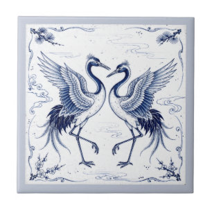 Azulejo De Cerâmica Dança de Grou Estilo Imari Japonês Azul e Branco