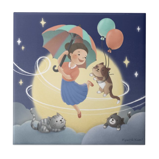 Azulejo De Cerâmica Dançar com Gatos na Noite de Lua (Frente)