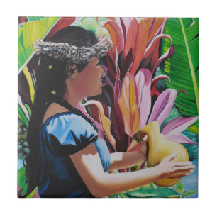 Azulejo De Cerâmica Dançarina de Hula Havaiana com Ipu