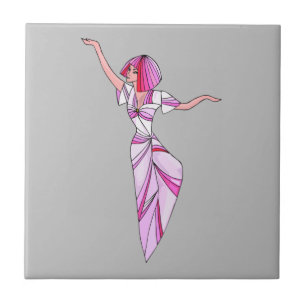 Azulejo De Cerâmica Dançarina rosa-escura com cabelo cor-de-rosa