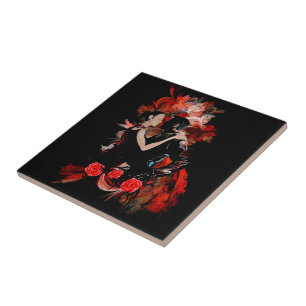 Azulejo De Cerâmica Dançarinos românticos do tango no fractal vermelho