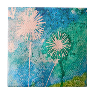 Azulejo De Cerâmica Dandelion abstrato azul e verde